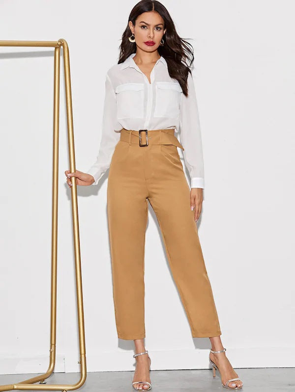 CM-BS614664 Women Casual Seoul Style High Waist Solid Belted Straight Leg Crop Pants - Khaki