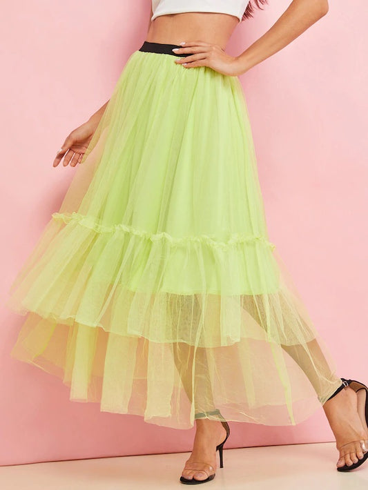 CM-BS506771 Women Trendy Seoul Style Mid Waist Layered Mesh A-Line Skirt - Yellow