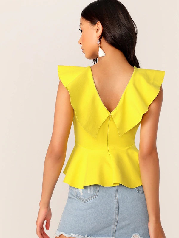 CM-TS703811 Women Casual Seoul Style Double V-Neck Ruffle Trim Peplum Top - Yellow