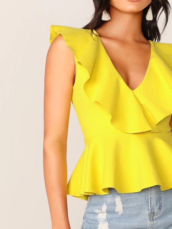 CM-TS703811 Women Casual Seoul Style Double V-Neck Ruffle Trim Peplum Top - Yellow