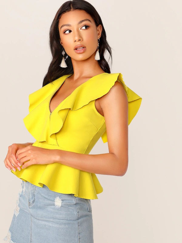 CM-TS703811 Women Casual Seoul Style Double V-Neck Ruffle Trim Peplum Top - Yellow