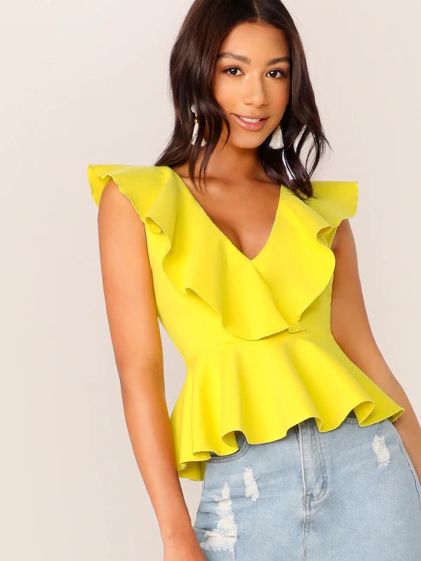 CM-TS703811 Women Casual Seoul Style Double V-Neck Ruffle Trim Peplum Top - Yellow