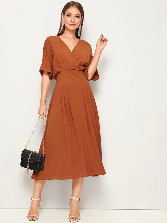 CM-DS704045 Women Casual Seoul Style Short Sleeve Surplice Front High Waist Dress - Brown