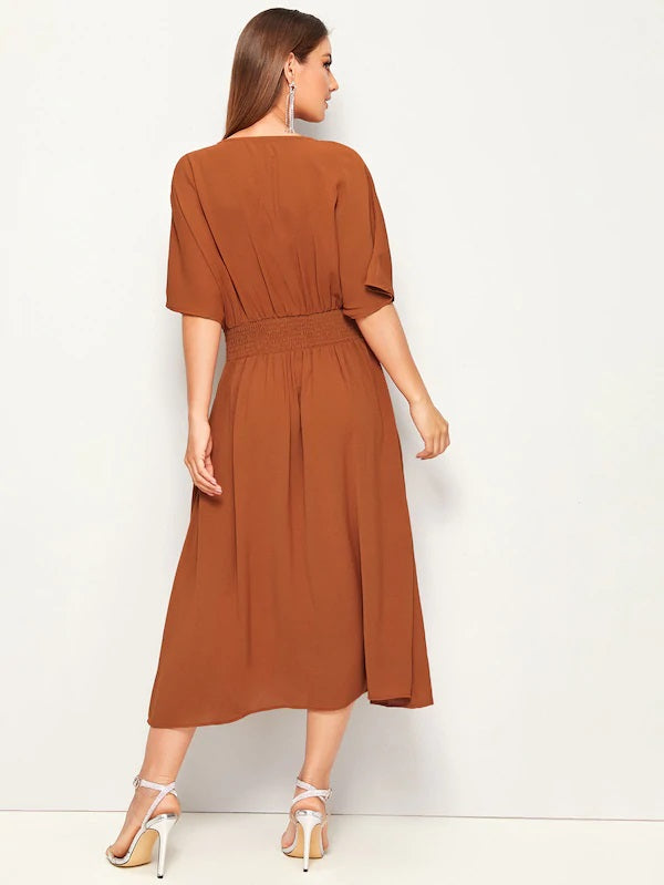 CM-DS704045 Women Casual Seoul Style Short Sleeve Surplice Front High Waist Dress - Brown