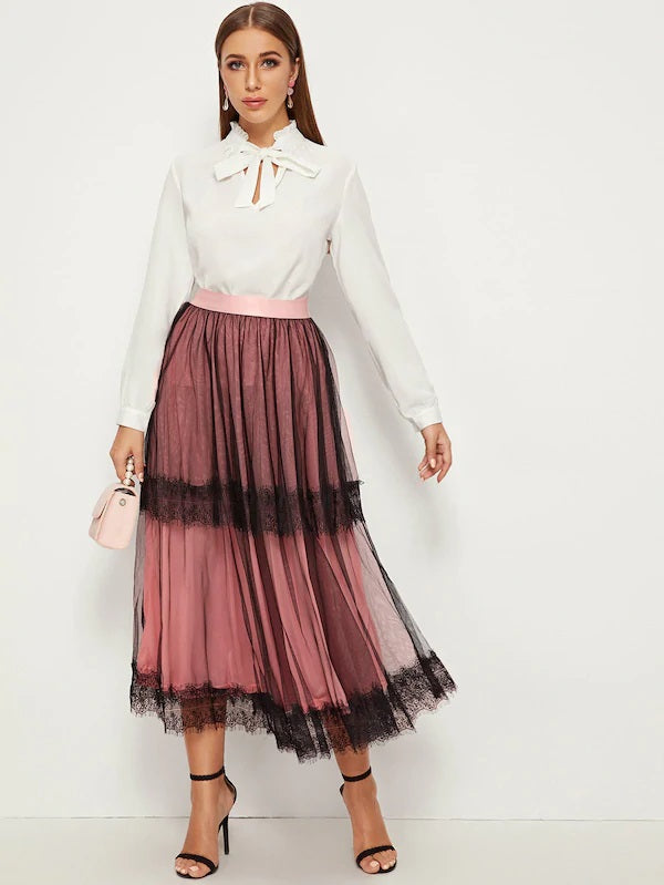 CM-BS611617 Women Elegant Seoul Style Elastic Waist Lace Detail Mesh Overlay Skirt - Pink