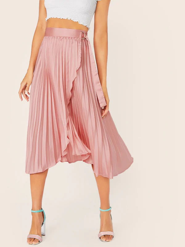 CM-BS617373 Women Elegant Seoul Style High Waist Belted Wrap Pleated Satin Skirt - Pink