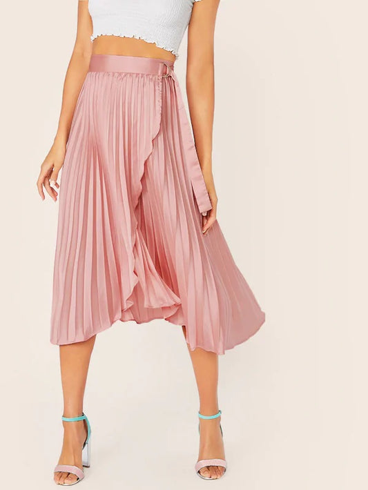 CM-BS617373 Women Elegant Seoul Style High Waist Belted Wrap Pleated Satin Skirt - Pink