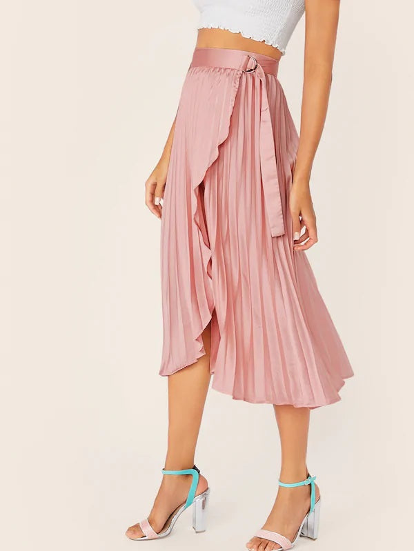 CM-BS617373 Women Elegant Seoul Style High Waist Belted Wrap Pleated Satin Skirt - Pink