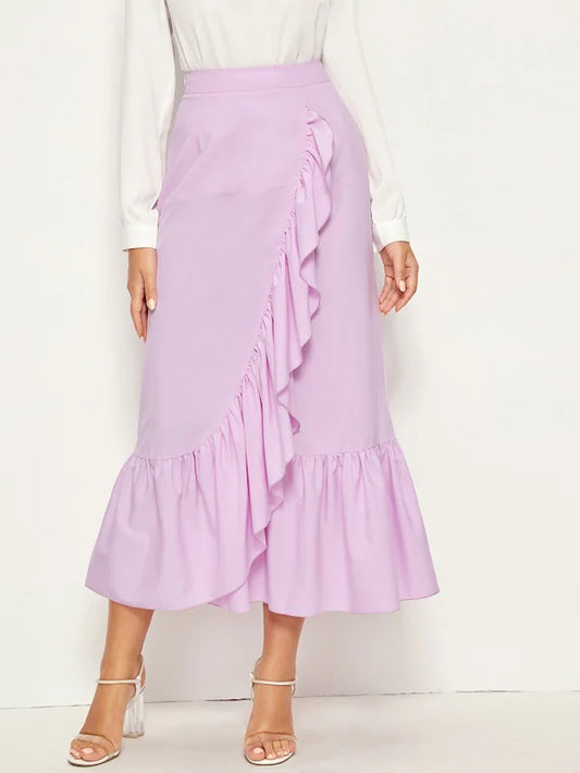 CM-BS617573 Women Casual Seoul Style High Waist Solid Ruffle Trim A-Line Skirt - Purple