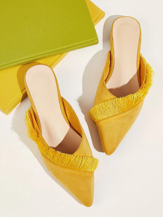 CM-SHS704404 Women Trendy Seoul Style Point Toe Fringe Trim Flat Mules - Yellow