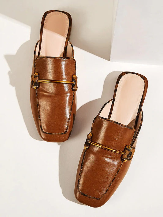 CM-SHS704524 Women Elegant Seoul Style Metal Decor Square Toe Flat Mules - Brown