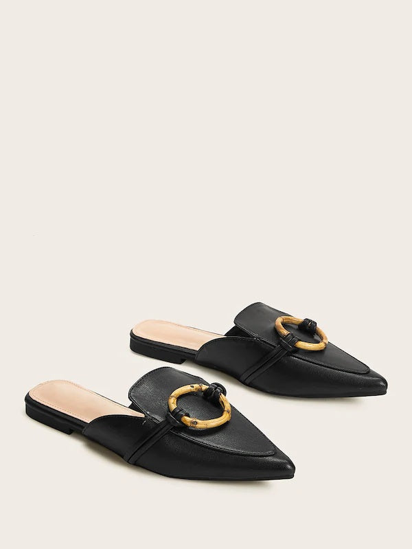 CM-SHS704909 Women Trendy Seoul Style Point Toe Ring Handle Flat Mules - Black