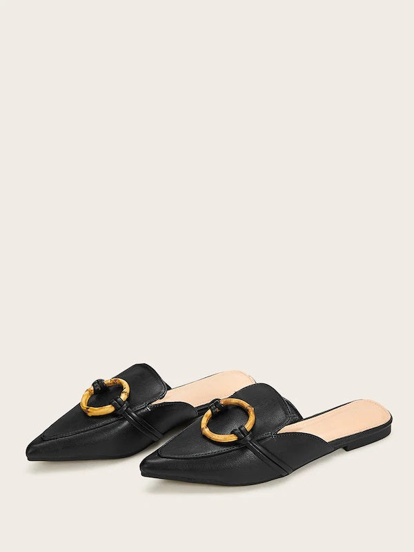 CM-SHS704909 Women Trendy Seoul Style Point Toe Ring Handle Flat Mules - Black