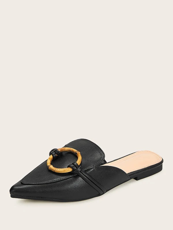 CM-SHS704909 Women Trendy Seoul Style Point Toe Ring Handle Flat Mules - Black