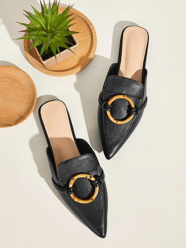 CM-SHS704909 Women Trendy Seoul Style Point Toe Ring Handle Flat Mules - Black