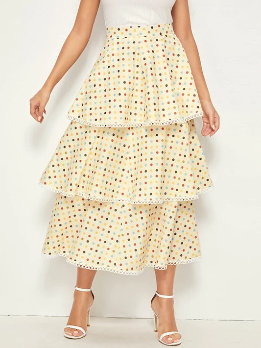 CM-BS704218 Women Elegant Seoul Style Wide Waistband Polka Dot Lace Trim Layered Hem Skirt