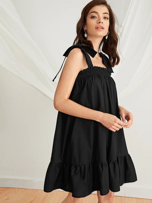 CM-DS705021 Women Casual Seoul Style Solid Shirred Ruffle Hem Cami Mini Dress - Black