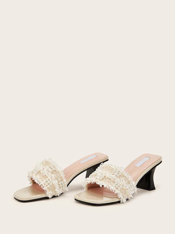 CM-SHS705138 Women Elegant Seoul Style Faux Pearl Decor Chunky Heeled Mules - Apricot