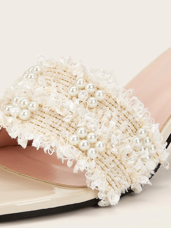 CM-SHS705138 Women Elegant Seoul Style Faux Pearl Decor Chunky Heeled Mules - Apricot