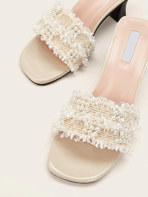 CM-SHS705138 Women Elegant Seoul Style Faux Pearl Decor Chunky Heeled Mules - Apricot