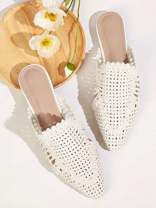 CM-SHS705375 Women Elegant Seoul Style Point Toe Braided Flat Mules - White