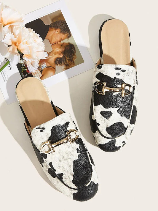 CM-SHS705389 Women Elegant Seoul Style Cow Print Metal Decor Flat Mules