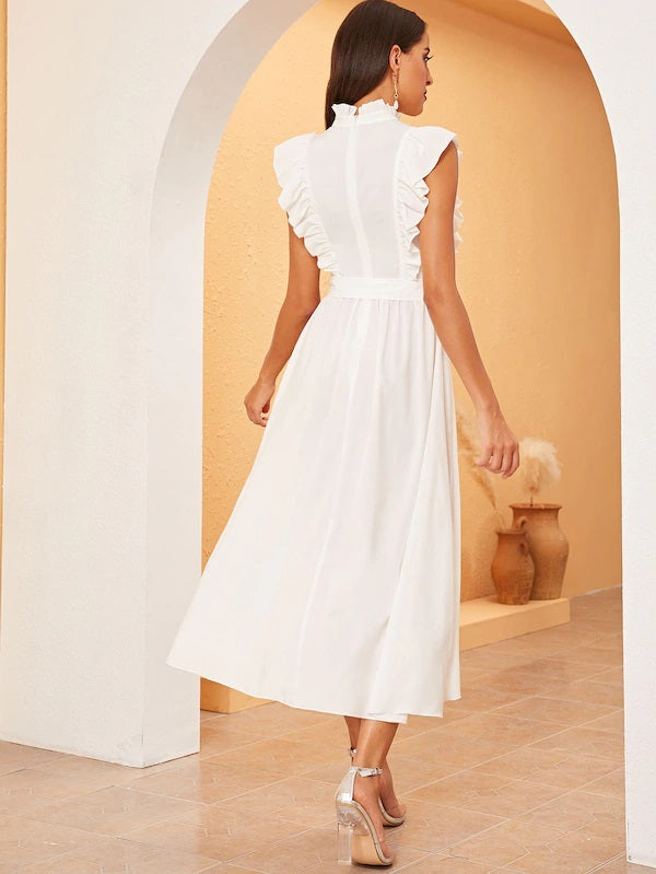 CM-DS617376 Women Elegant Seoul Style Frilled Neck Ruffle Trim Embroidered Belted Dress - White