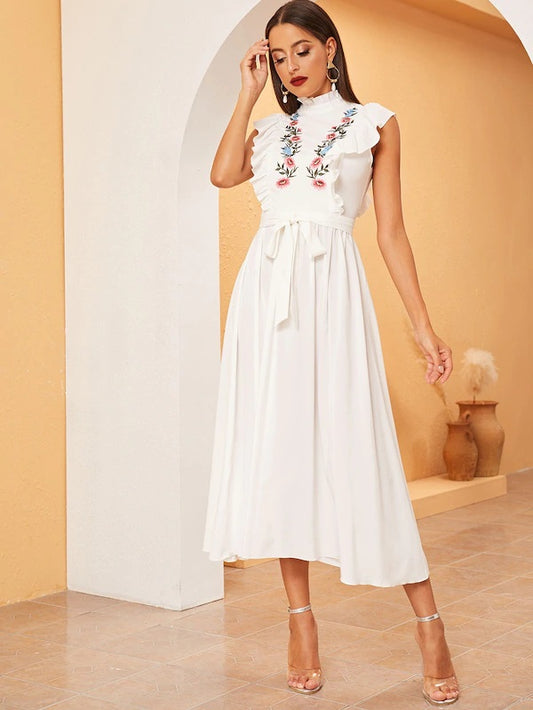 CM-DS617376 Women Elegant Seoul Style Frilled Neck Ruffle Trim Embroidered Belted Dress - White