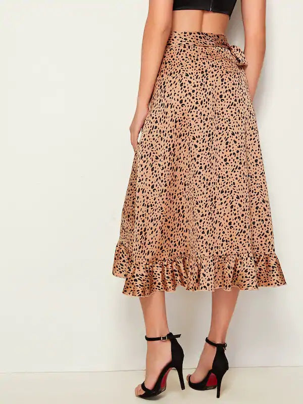 CM-BS705394 Women Trendy Seoul Style High Waist Leopard Print Tie Side Ruffle Trim Wrap Satin Skirt