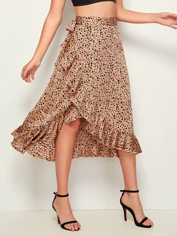 CM-BS705394 Women Trendy Seoul Style High Waist Leopard Print Tie Side Ruffle Trim Wrap Satin Skirt