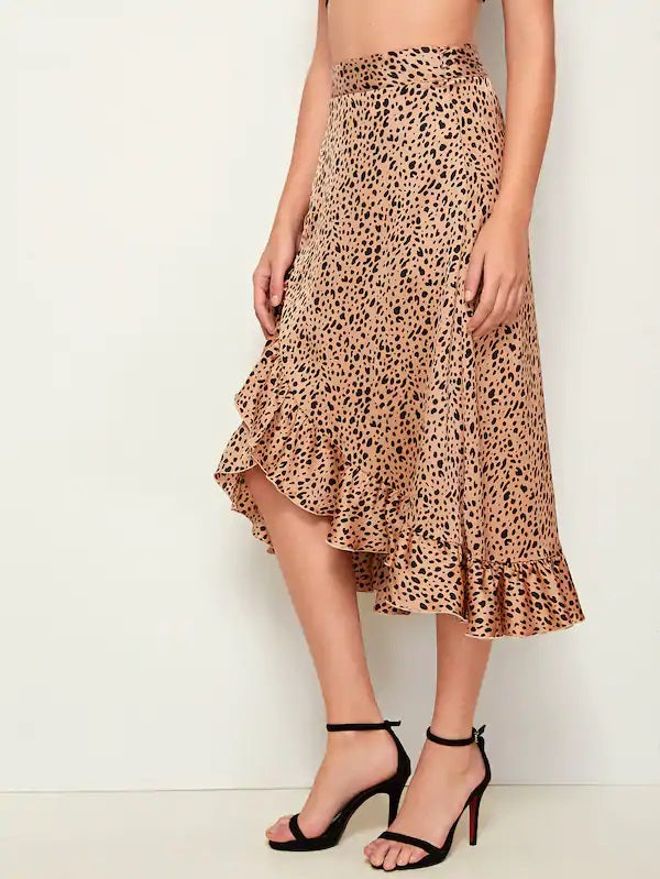 CM-BS705394 Women Trendy Seoul Style High Waist Leopard Print Tie Side Ruffle Trim Wrap Satin Skirt