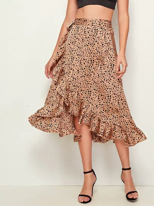 CM-BS705394 Women Trendy Seoul Style High Waist Leopard Print Tie Side Ruffle Trim Wrap Satin Skirt