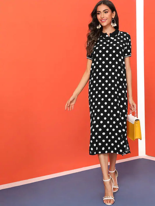 CM-DS708678 Women Casual Seoul Style Short Sleeve Polka Dot Split Side Dress - Black