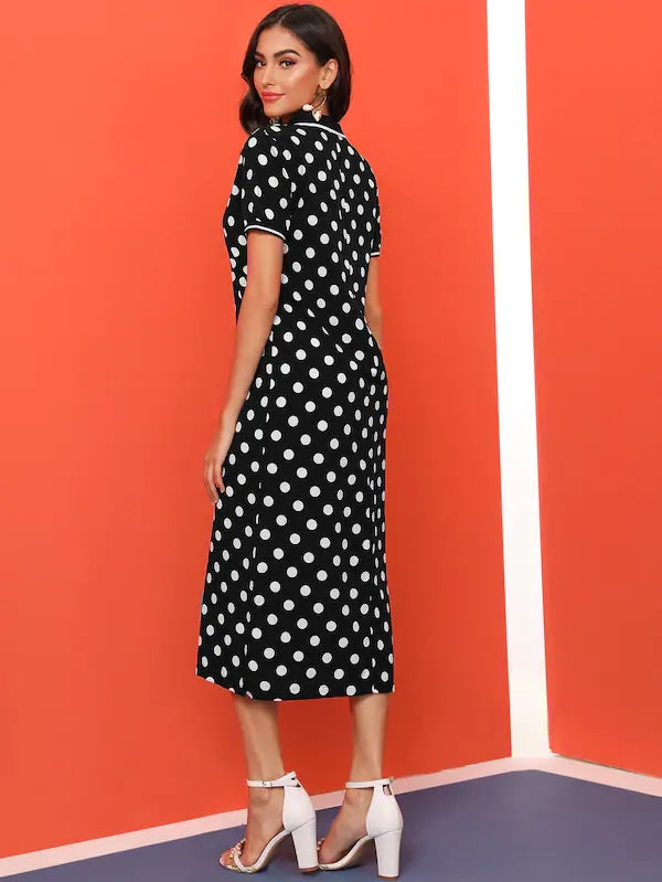 CM-DS708678 Women Casual Seoul Style Short Sleeve Polka Dot Split Side Dress - Black