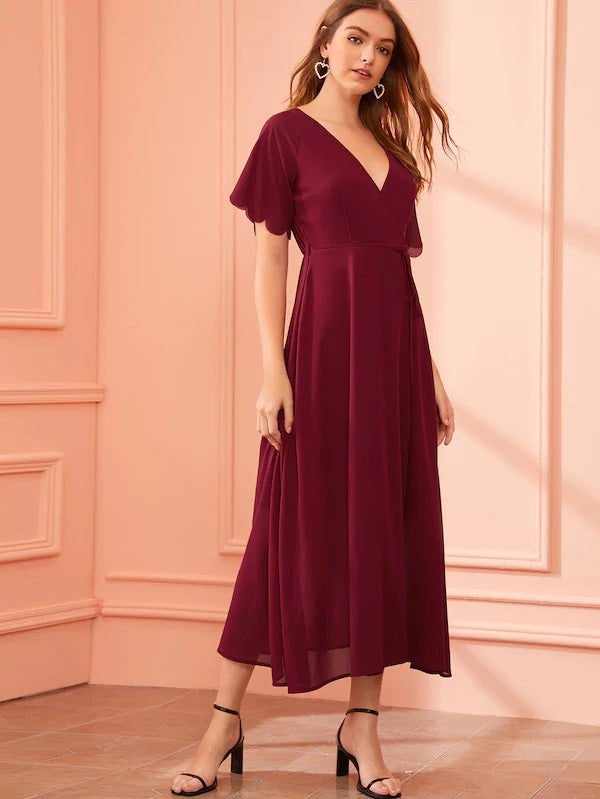 CM-DS627814 Women Casual Seoul Style Short Sleeve Scallop Trim Wrap Belted Dress - Wine Red