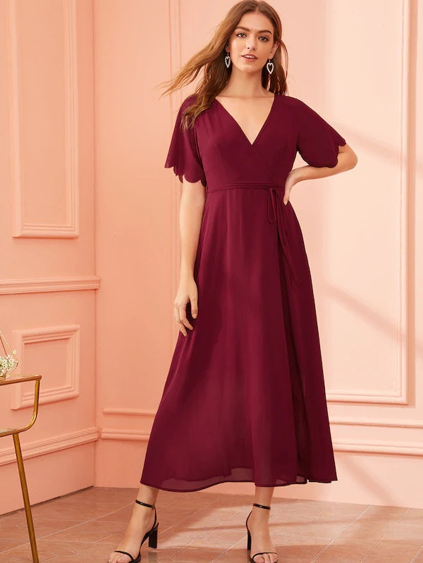 CM-DS627814 Women Casual Seoul Style Short Sleeve Scallop Trim Wrap Belted Dress - Wine Red