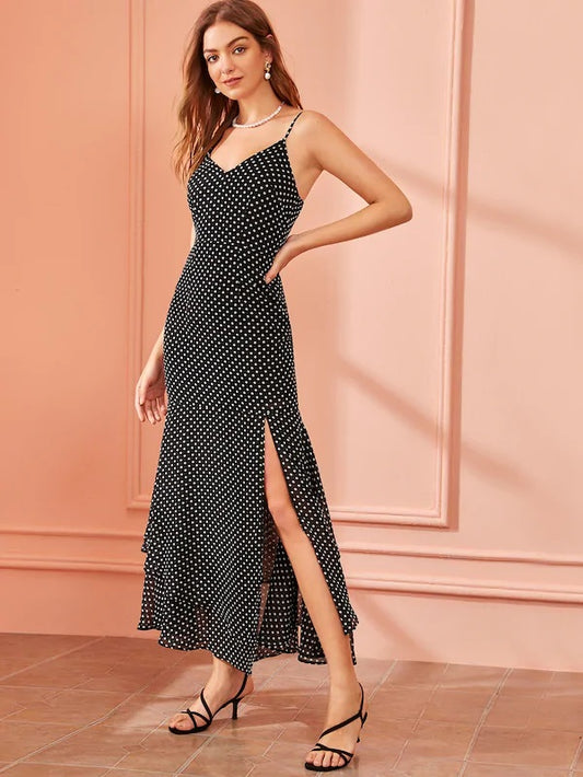 CM-DS701691 Women Casual Seoul Style Polka-Dot Split Thigh Layered Hem Slip Dress - Black