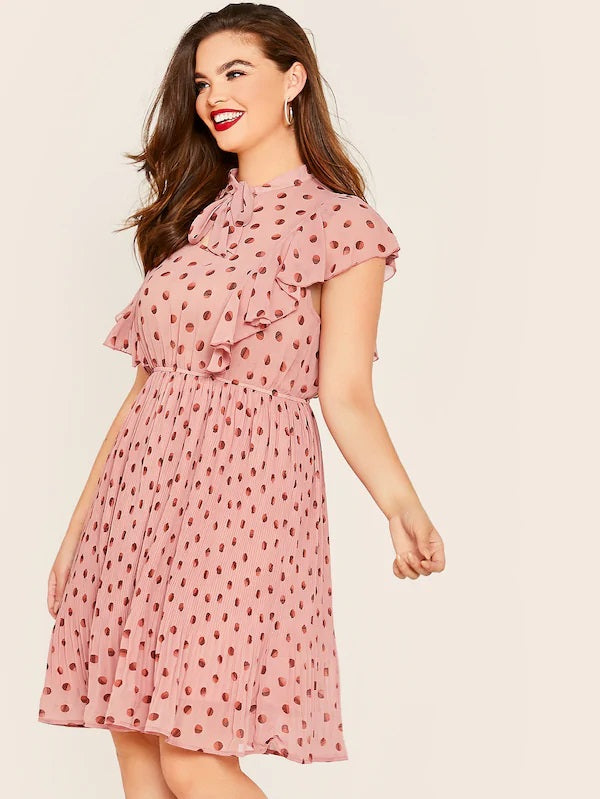 CM-DP625670 Plus Size Casual Seoul Style Tie Neck Ruffle Armhole Plisse Flare Dress - Pink