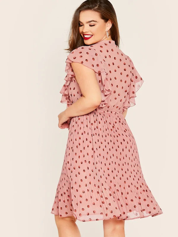 CM-DP625670 Plus Size Casual Seoul Style Tie Neck Ruffle Armhole Plisse Flare Dress - Pink