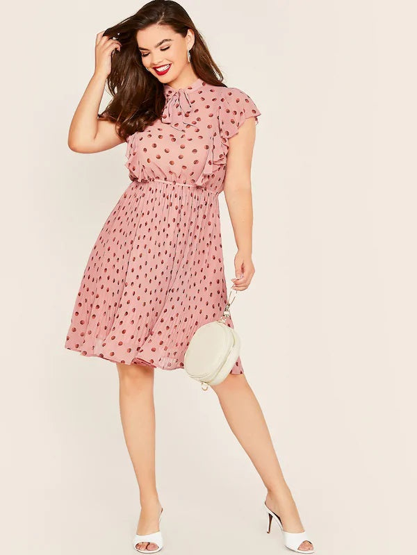 CM-DP625670 Plus Size Casual Seoul Style Tie Neck Ruffle Armhole Plisse Flare Dress - Pink