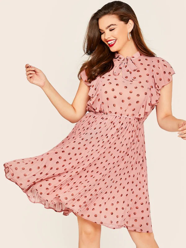 CM-DP625670 Plus Size Casual Seoul Style Tie Neck Ruffle Armhole Plisse Flare Dress - Pink