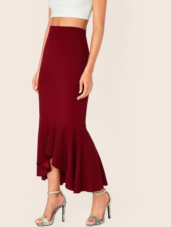 CM-BS621545 Women Elegant Seoul Style Zipper Fly Asymmetrical Pephem Hem Skirt - Wine Red