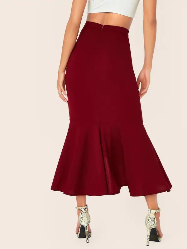 CM-BS621545 Women Elegant Seoul Style Zipper Fly Asymmetrical Pephem Hem Skirt - Wine Red