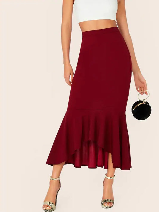 CM-BS621545 Women Elegant Seoul Style Zipper Fly Asymmetrical Pephem Hem Skirt - Wine Red