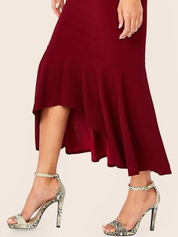 CM-BS621545 Women Elegant Seoul Style Zipper Fly Asymmetrical Pephem Hem Skirt - Wine Red