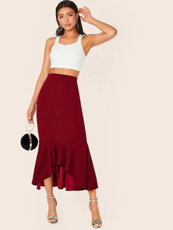 CM-BS621545 Women Elegant Seoul Style Zipper Fly Asymmetrical Pephem Hem Skirt - Wine Red