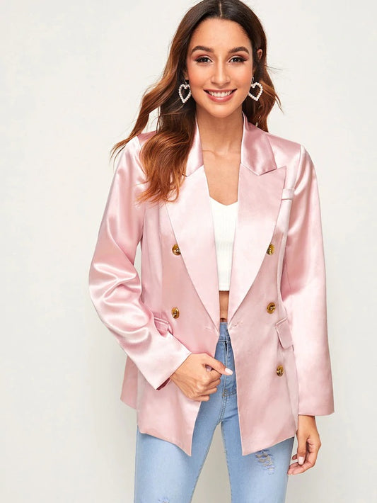 CM-CS619924 Women Elegant Seoul Style Long Sleeve Double Button Pocket Satin Blazer - Pink