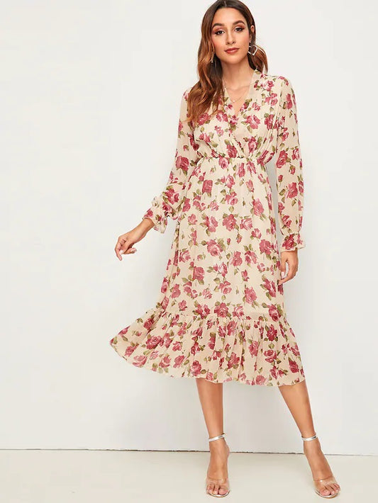 CM-DS617742 Women Casual Seoul Style Floral Print Ruffle Hem Surplice Neck Long Dress