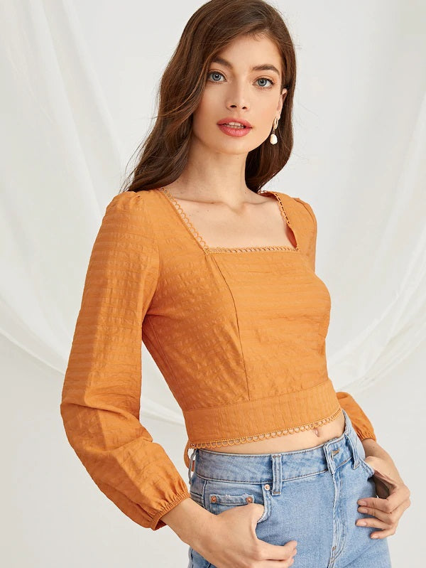 CM-TS709728 Women Trendy Seoul Style Open Back Square Neck Solid Top - Orange