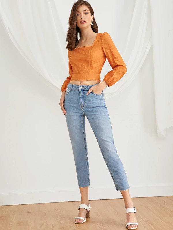 CM-TS709728 Women Trendy Seoul Style Open Back Square Neck Solid Top - Orange